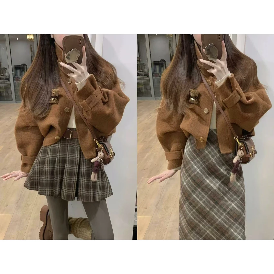 新款时尚套装时尚简约风毛呢外套高腰显瘦格纹半身裙