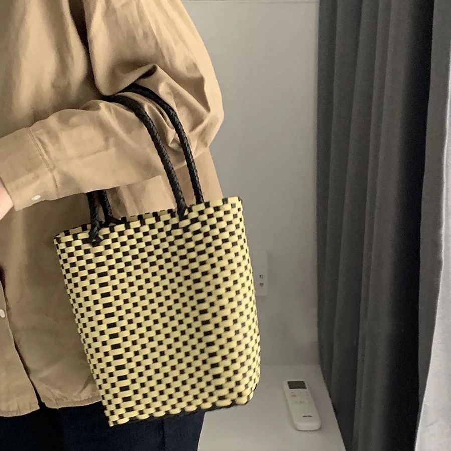 编织手提包菜篮子细网格条ins风小众多彩沙滩收纳包手拎小包