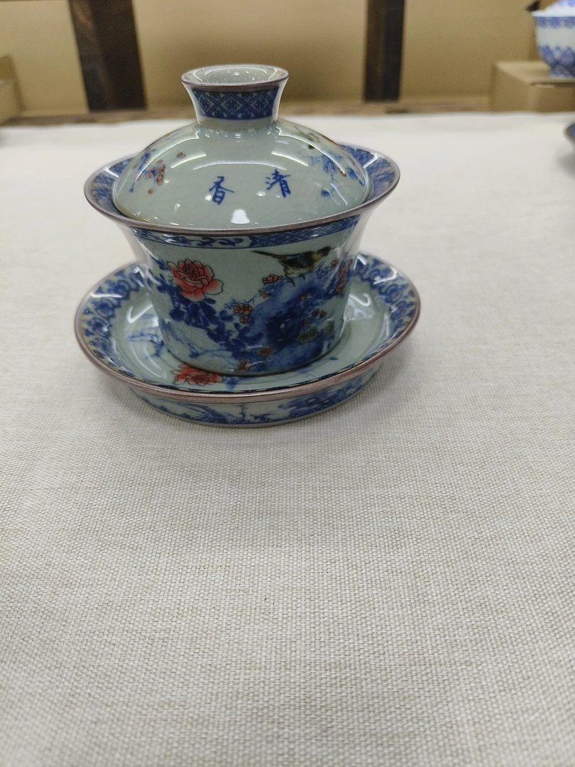 景德镇青花鸟语花香中国风家用盖碗壶承高端茶具高温烧制而成