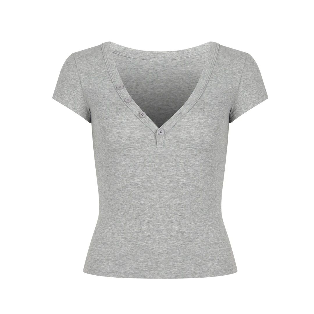 自制V领四扣短袖T恤纯色正肩收腰显瘦V领短袖打底女修身上衣
