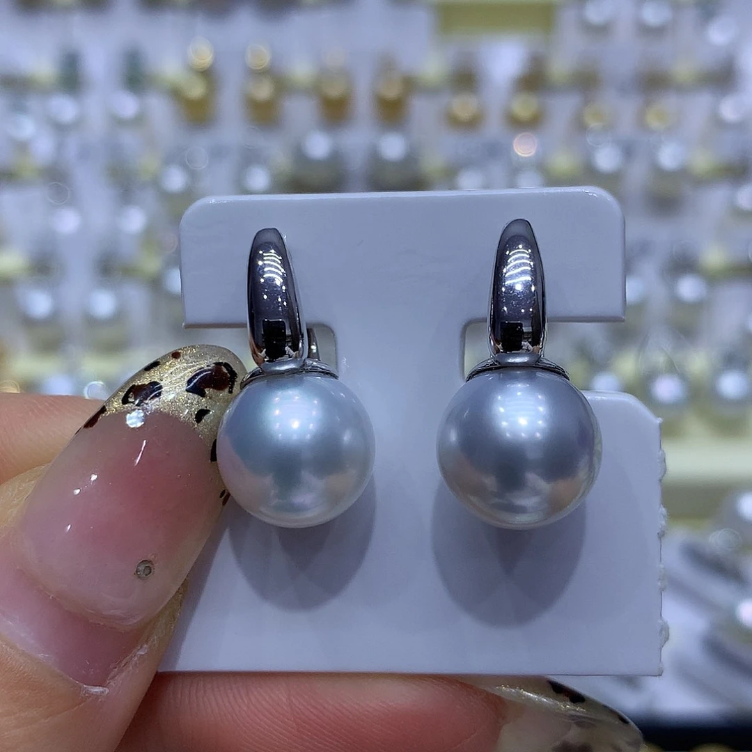 海水珍珠耳饰18K金镶嵌11/12mm澳白