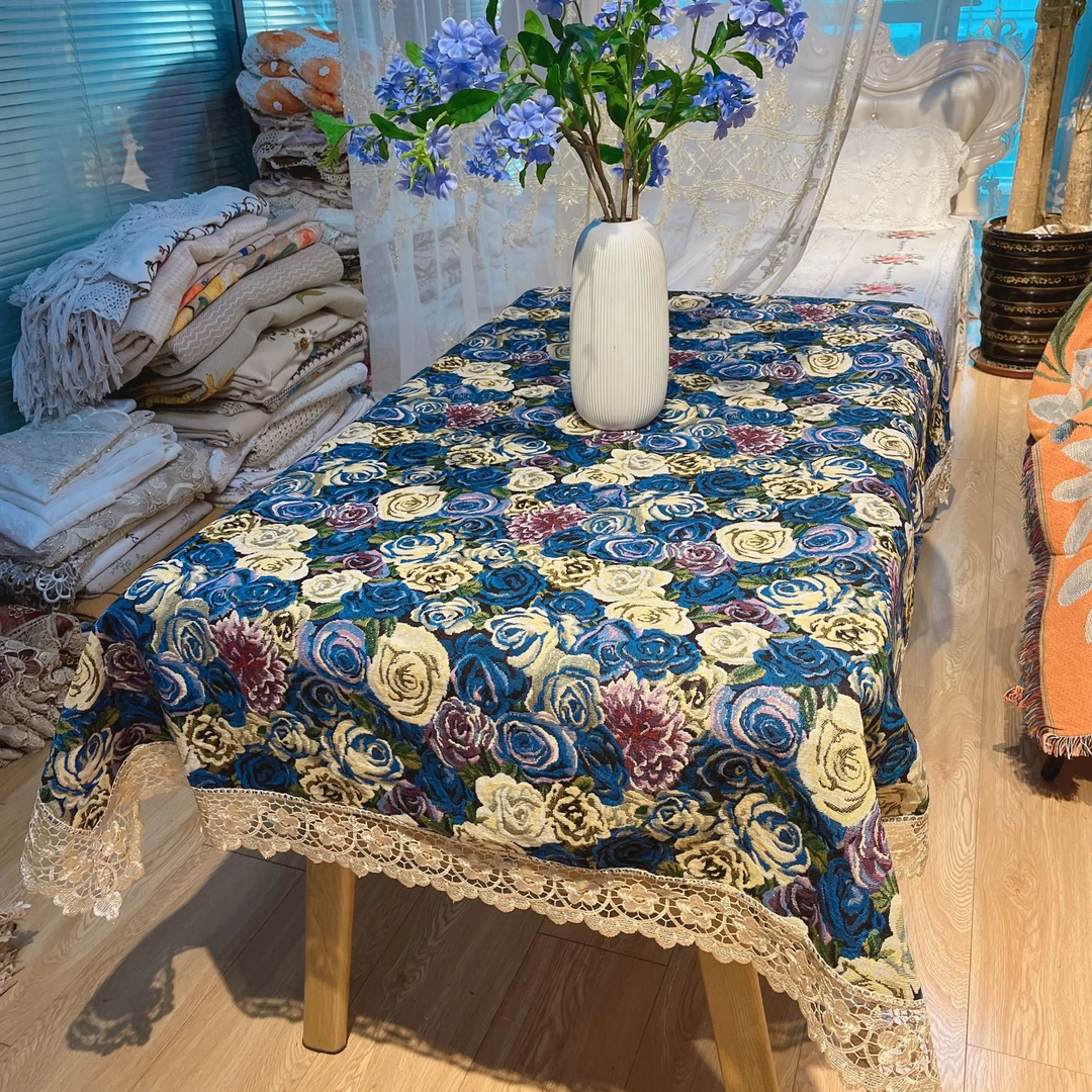 DY247-7-4棉麻（130*180cm）蓝色玫瑰花蕾丝花边盖巾桌布欧式台布
