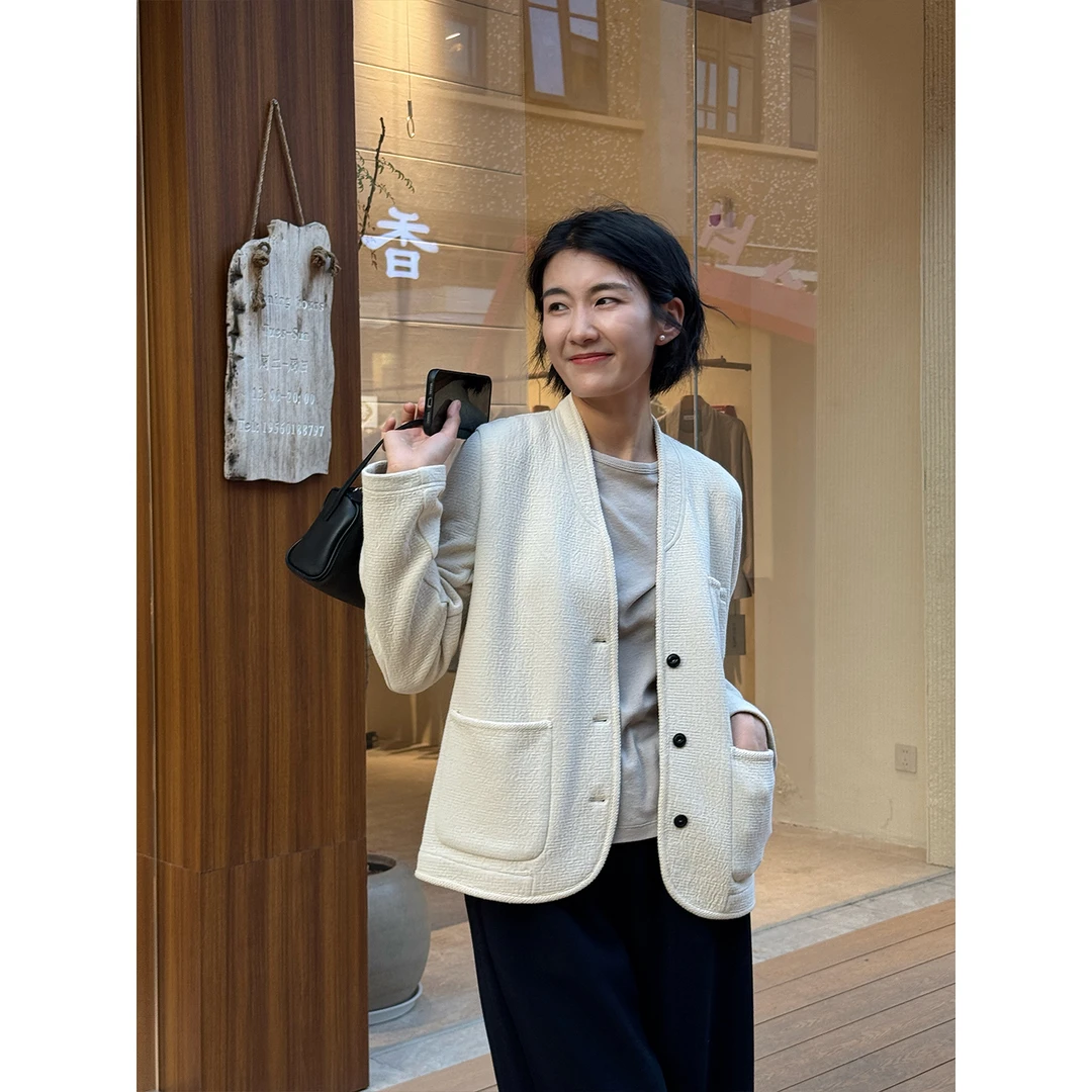 LANGQING 温柔色系肌理感V领外套46777#