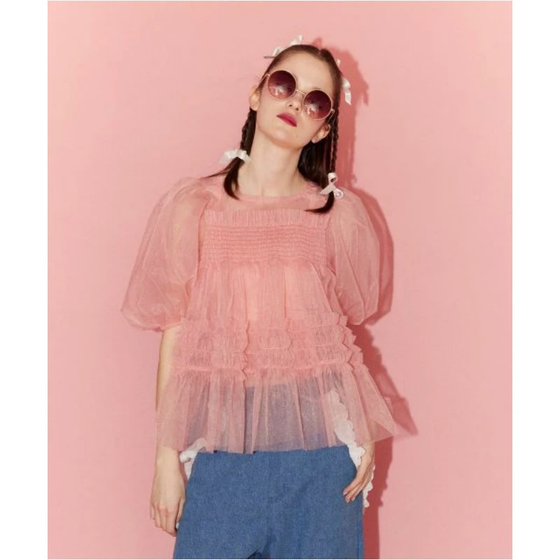 【胖虎家】夏季新款 C 时尚百搭简约不规则泡泡袖宽松上衣甜美衬衫