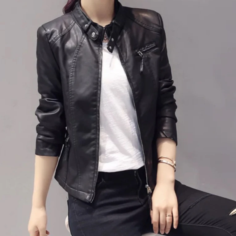 修身加绒详见详情秋冬短款民族风时尚立领春季口袋皮衣女装