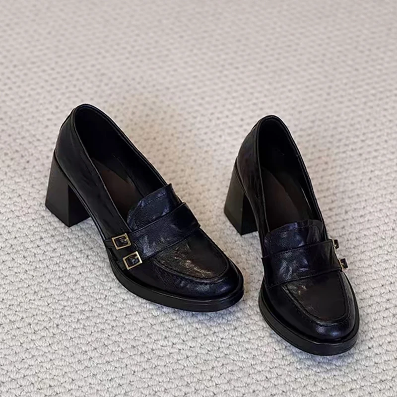 羊皮版~法式粗跟乐福鞋女2025新款皮带扣单鞋一脚蹬高跟小皮鞋