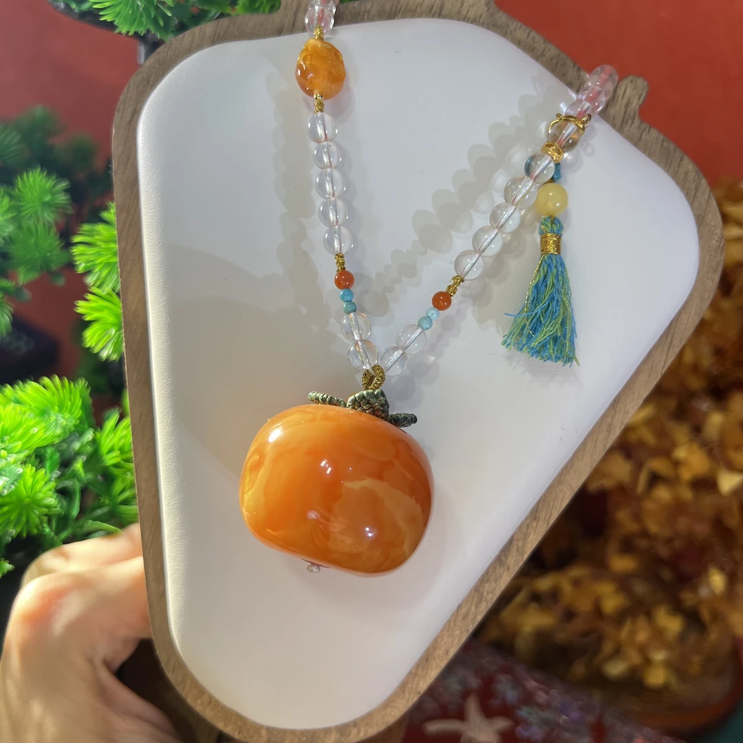 天然琥珀蜜蜡老花蜡墩墩项链