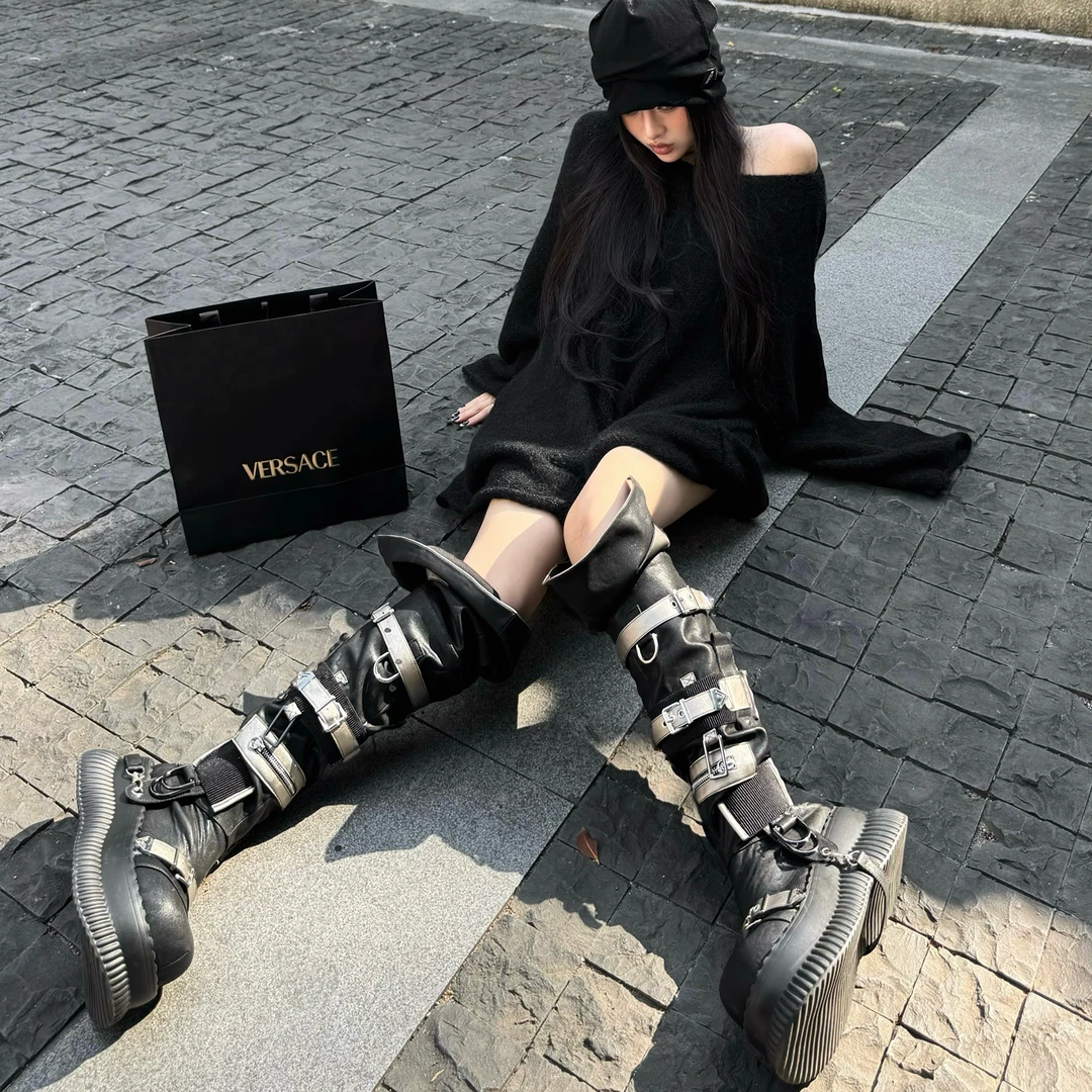 Blackgirl新款【Z时代】小众个性工装风设计感长筒靴长靴厚底鞋靴子
