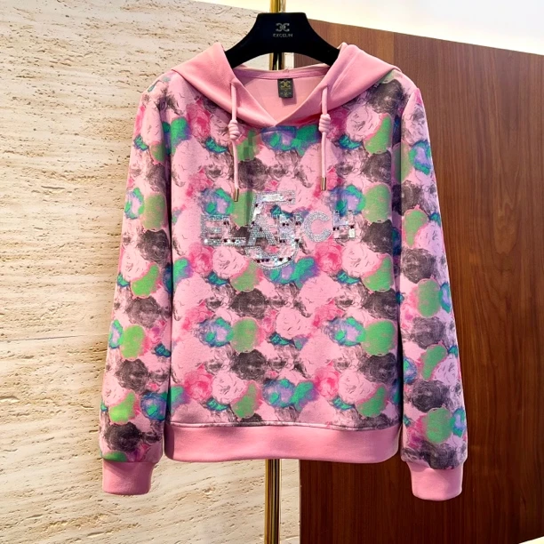 【油画风花朵连帽卫衣】春季新款休闲烫钻显瘦减龄洋气卫衣女上衣