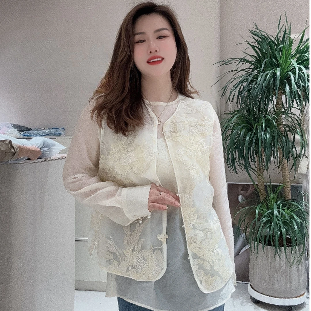 中国风女常规春季单排扣刺绣马夹时尚短外套气质上衣宽松蕾丝1795