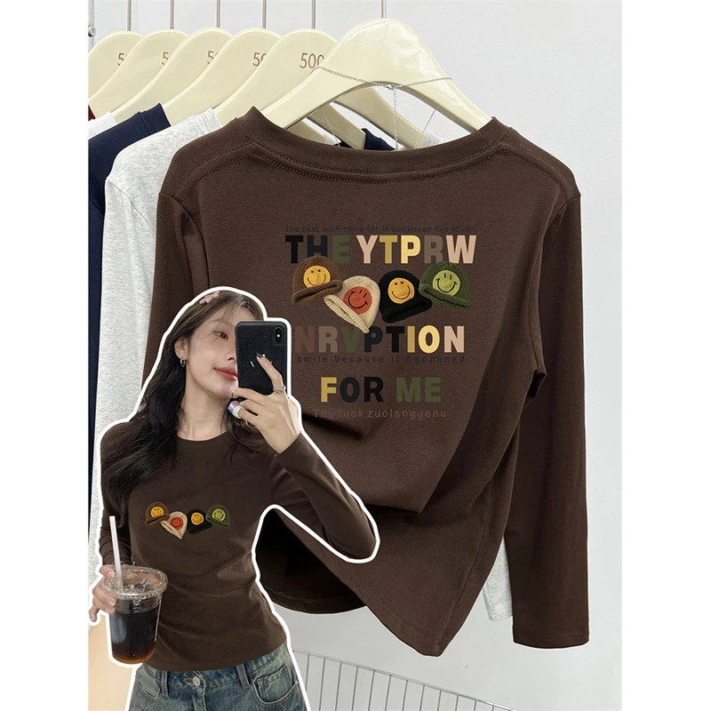 品质美式棕色正肩棉长袖t恤女大码女装高弹力棉修身胖mm圆领上衣