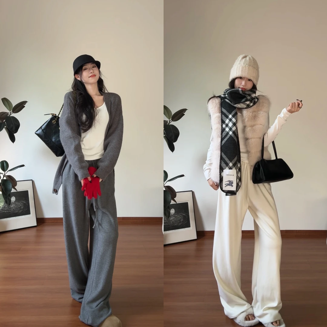 韩系休闲慵懒风直筒宽松糯米裤女秋冬上新带口袋抽绳设计款百搭