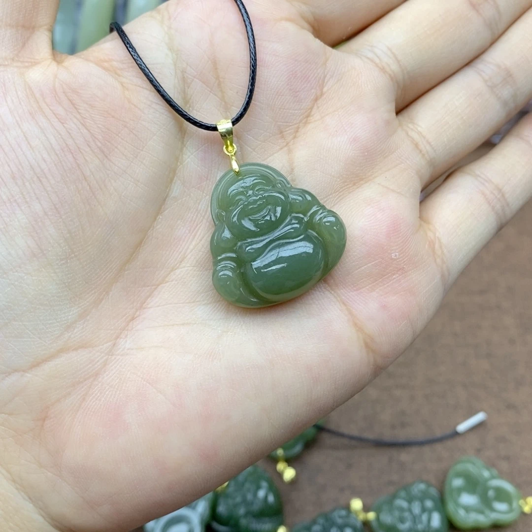 和田玉银S925镶嵌吊坠(不含链)配皮绳