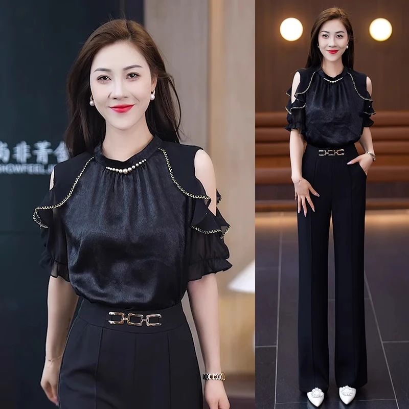 露肩雪纺衫女短袖2025年夏季新款法式小众荷叶边上衣气质减龄小衫