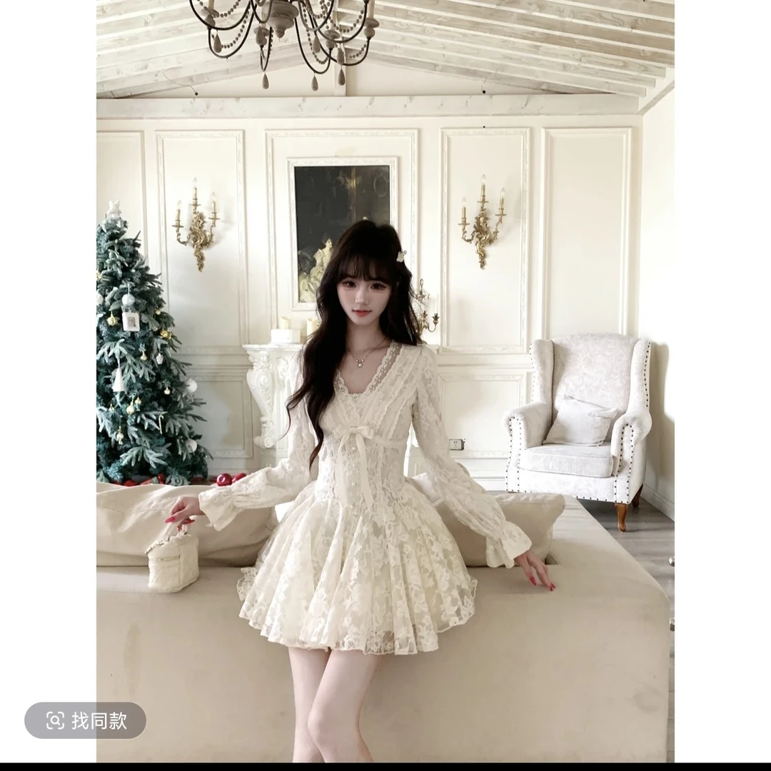 溪溪靓衫 天使之翼 法式纯欲蕾丝连衣裙收腰千金风生日蓬蓬裙女秋