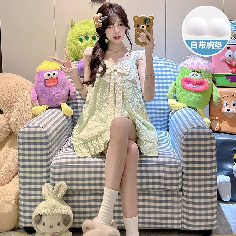 睡衣女夏季带胸垫纯欲少女吊带短裤夏天韩版可爱蝴蝶结家居服套装