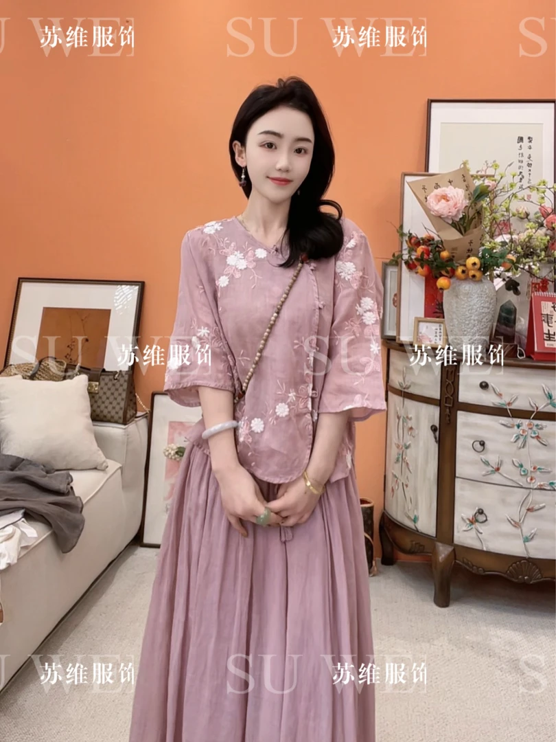 6688【紫运】纯苎麻刺绣茶服显瘦文艺清新盘口斜襟
