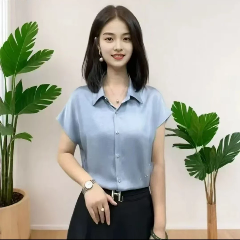 女士夏季抓花缎面柔软透气短袖衬衫百搭洋气显瘦小衫防晒亲肤缎面