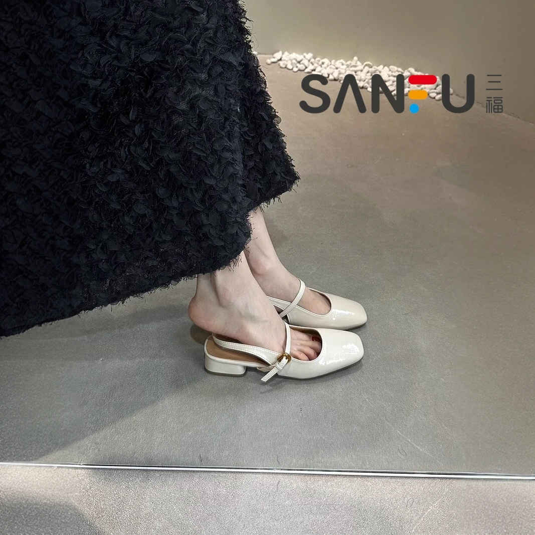 三福方头粗跟包头玛丽珍凉鞋女2025夏季新款仙女风配裙子气质单鞋