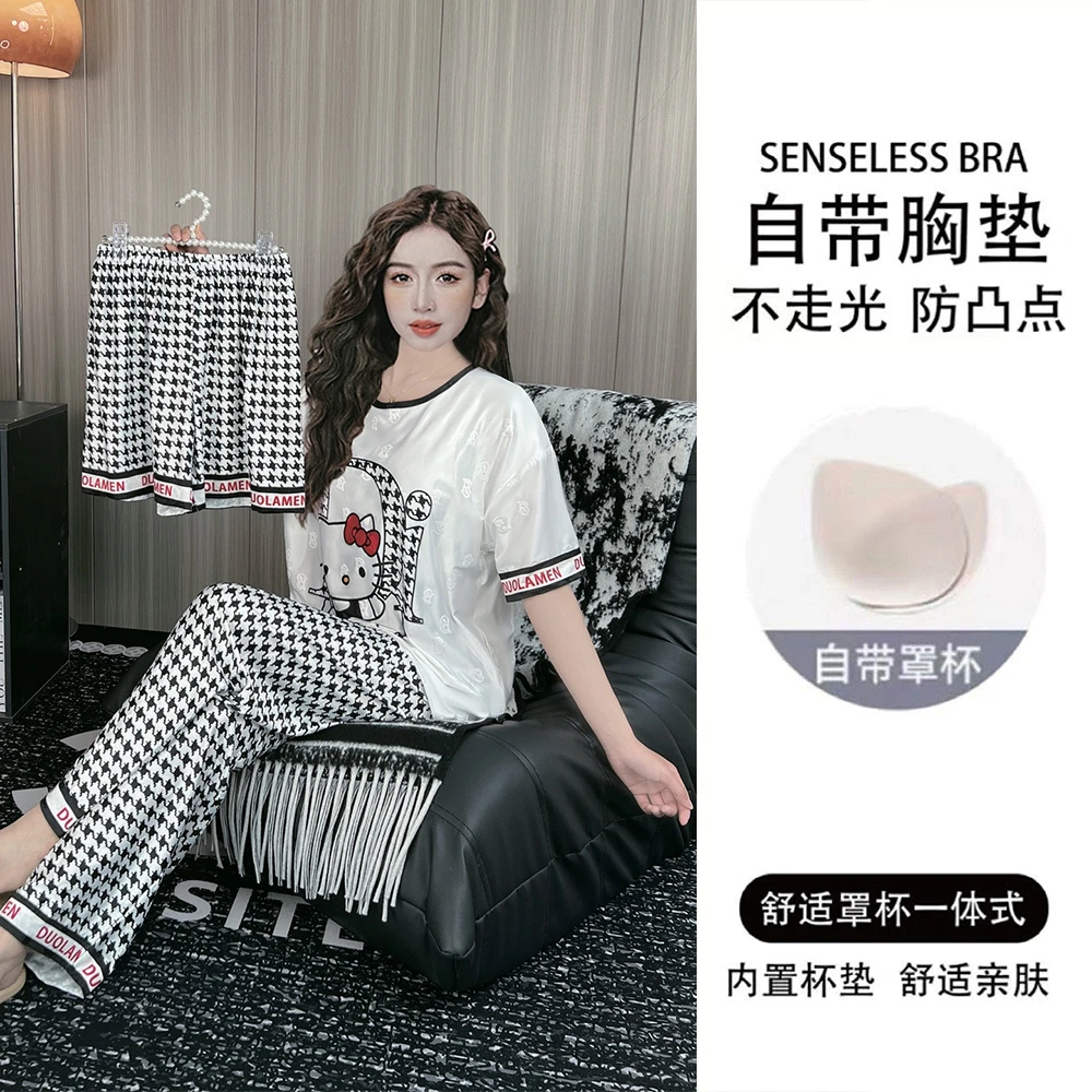 带胸垫夏季提花冰丝睡衣女短袖薄款三件套宽松卡通家居服套装夏天