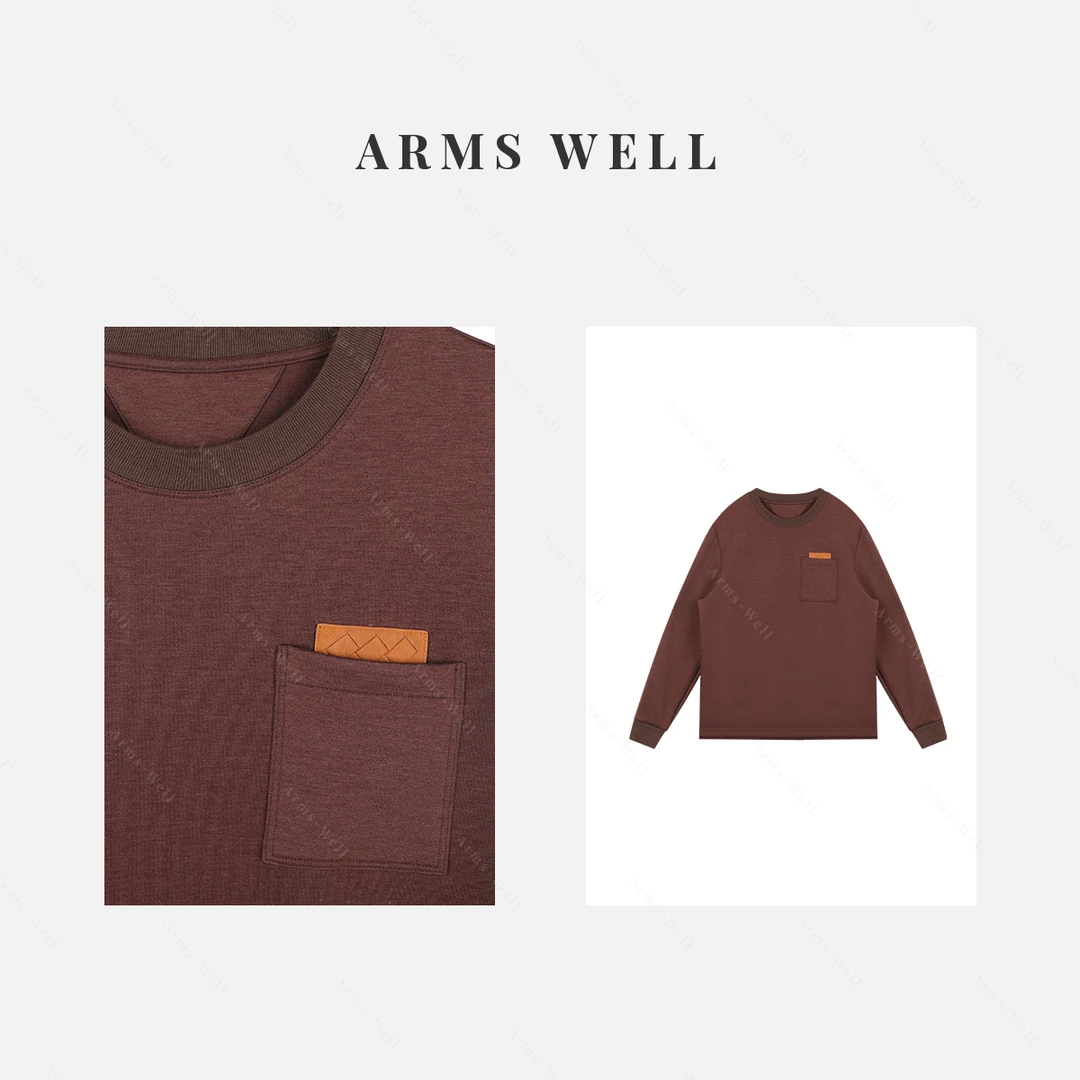 王囡囡 咖啡色前口袋圆领莫代尔羊毛长袖T恤（男装）L247