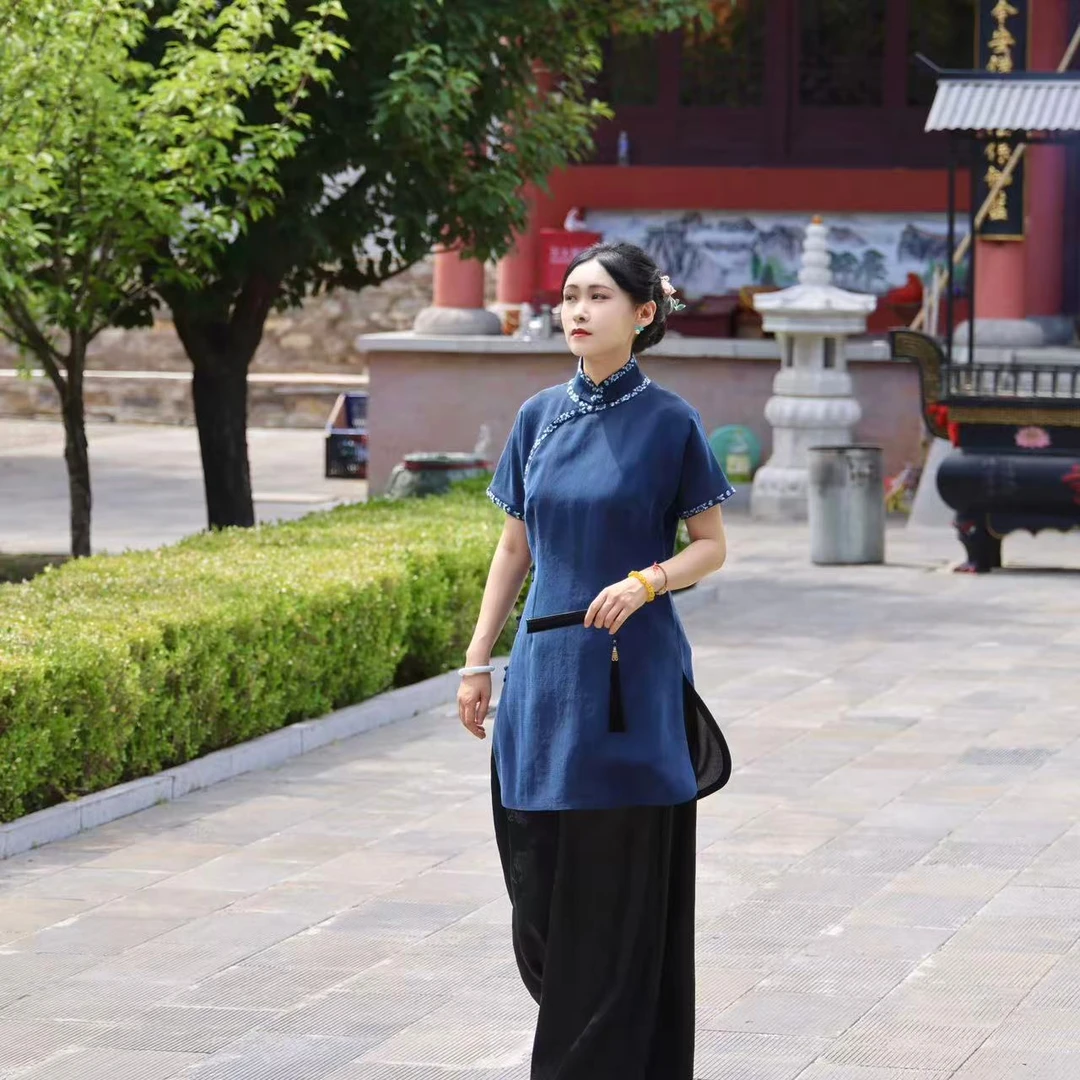 蘇夢【清梦谣】香云纱绣边立领夏季斜襟国风气质复古半大褂0103772