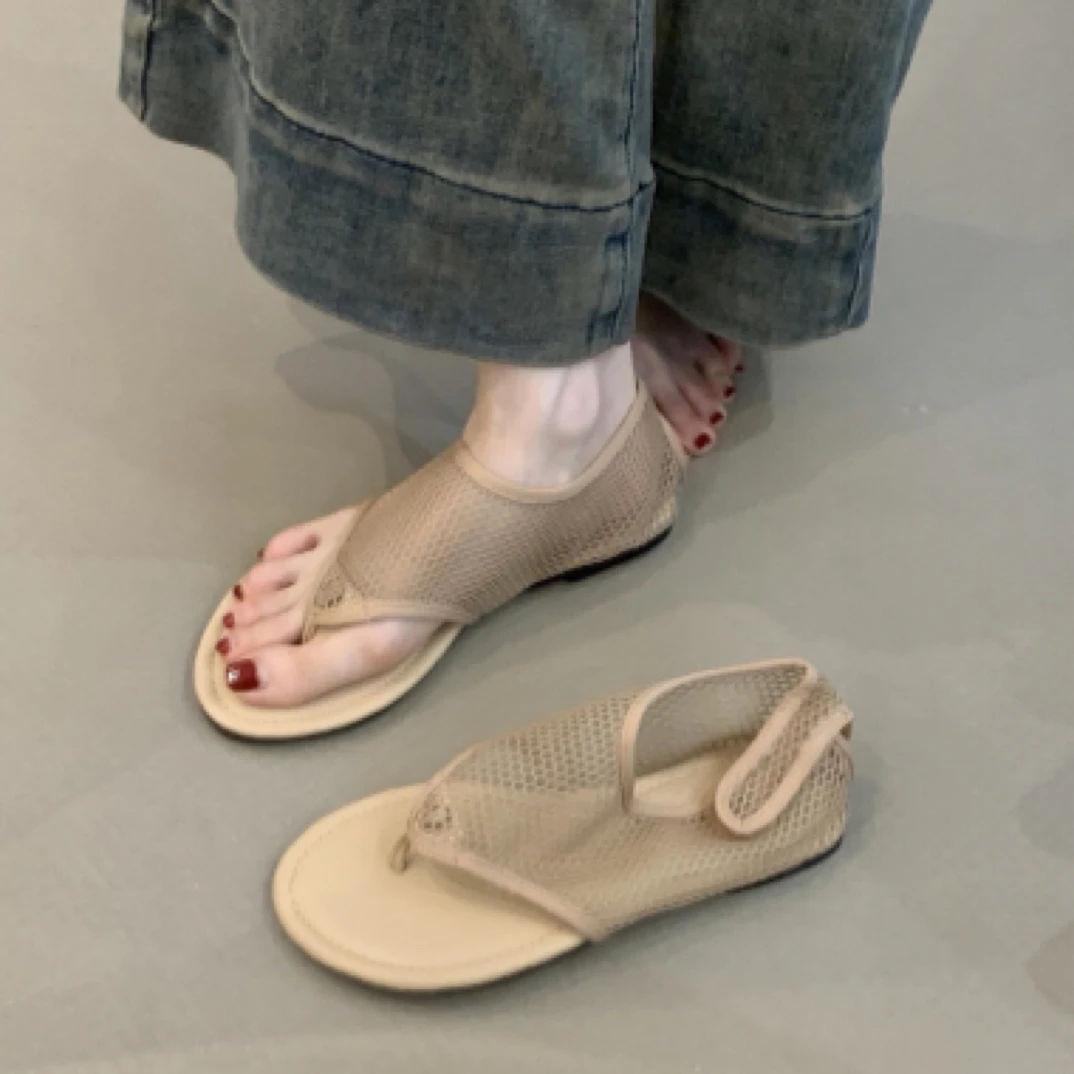 JMZ-919-11小众设计感罗马凉鞋2025年复古网布镂空夹脚平底凉鞋