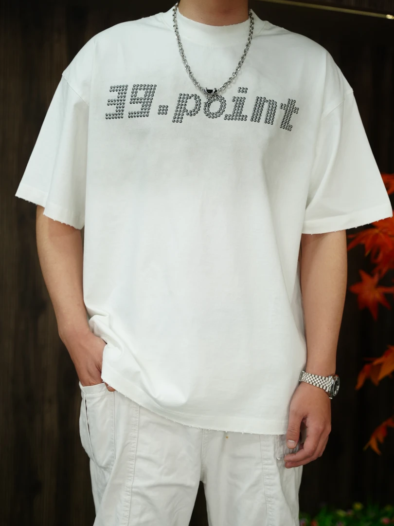 牧麒夏季重工复古做旧潮牌T恤 烫钻时尚阔版短袖