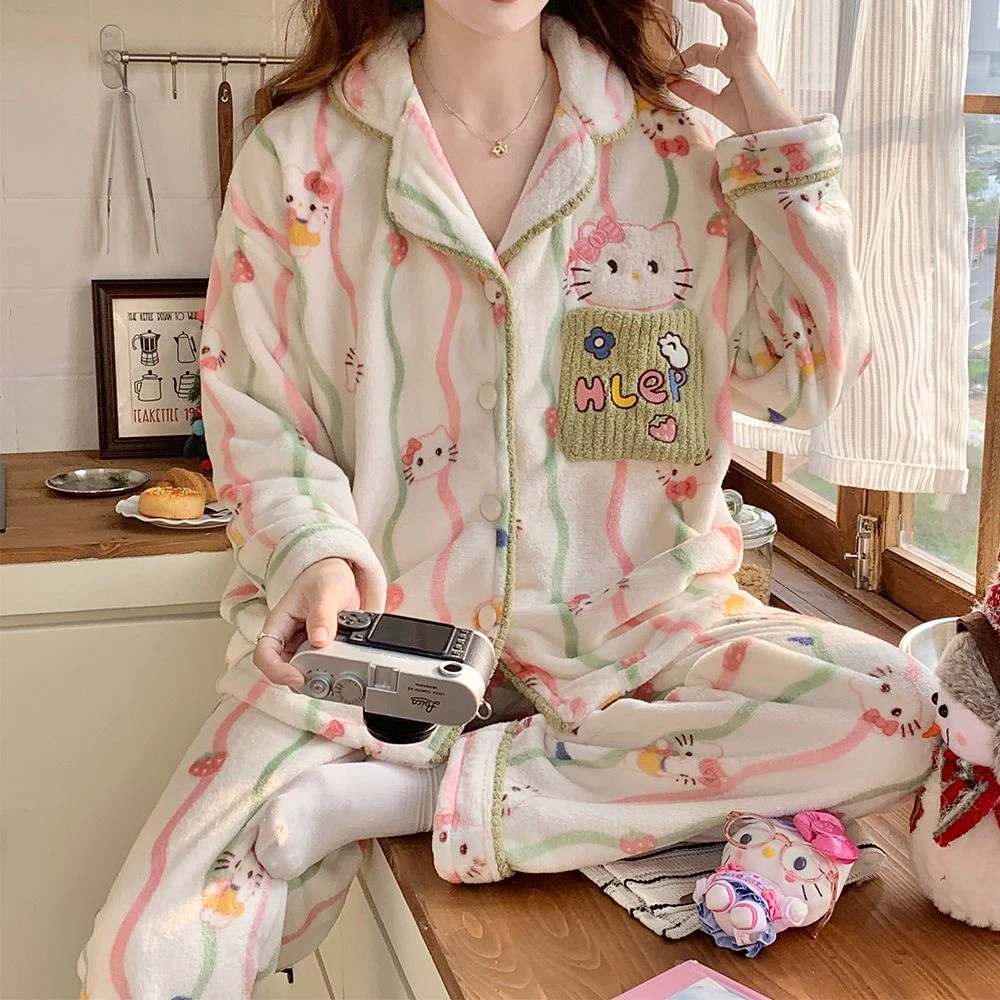 法兰绒睡衣女2025新款秋冬季ins卡通可爱kitty小猫加厚长袖家居服