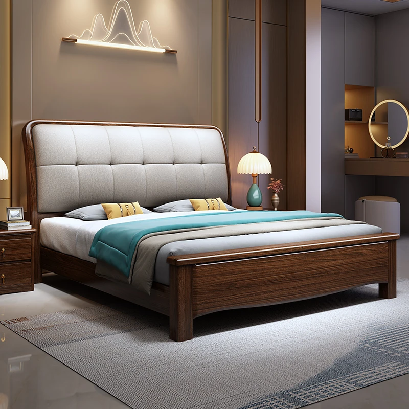 胡桃木真皮软包主卧实木床1.8米双人大床现代简约轻奢婚床