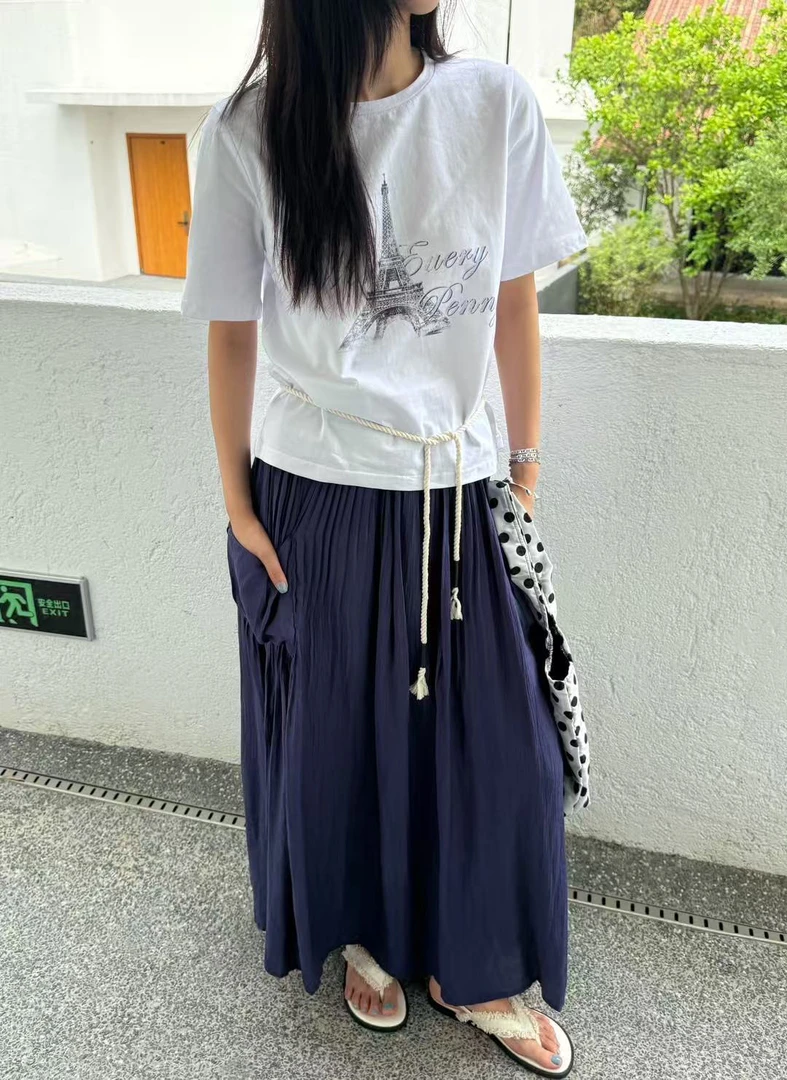 TOWARD 福秒（9towH10157#)复古休闲感 口袋松紧腰褶皱半身裙9-627