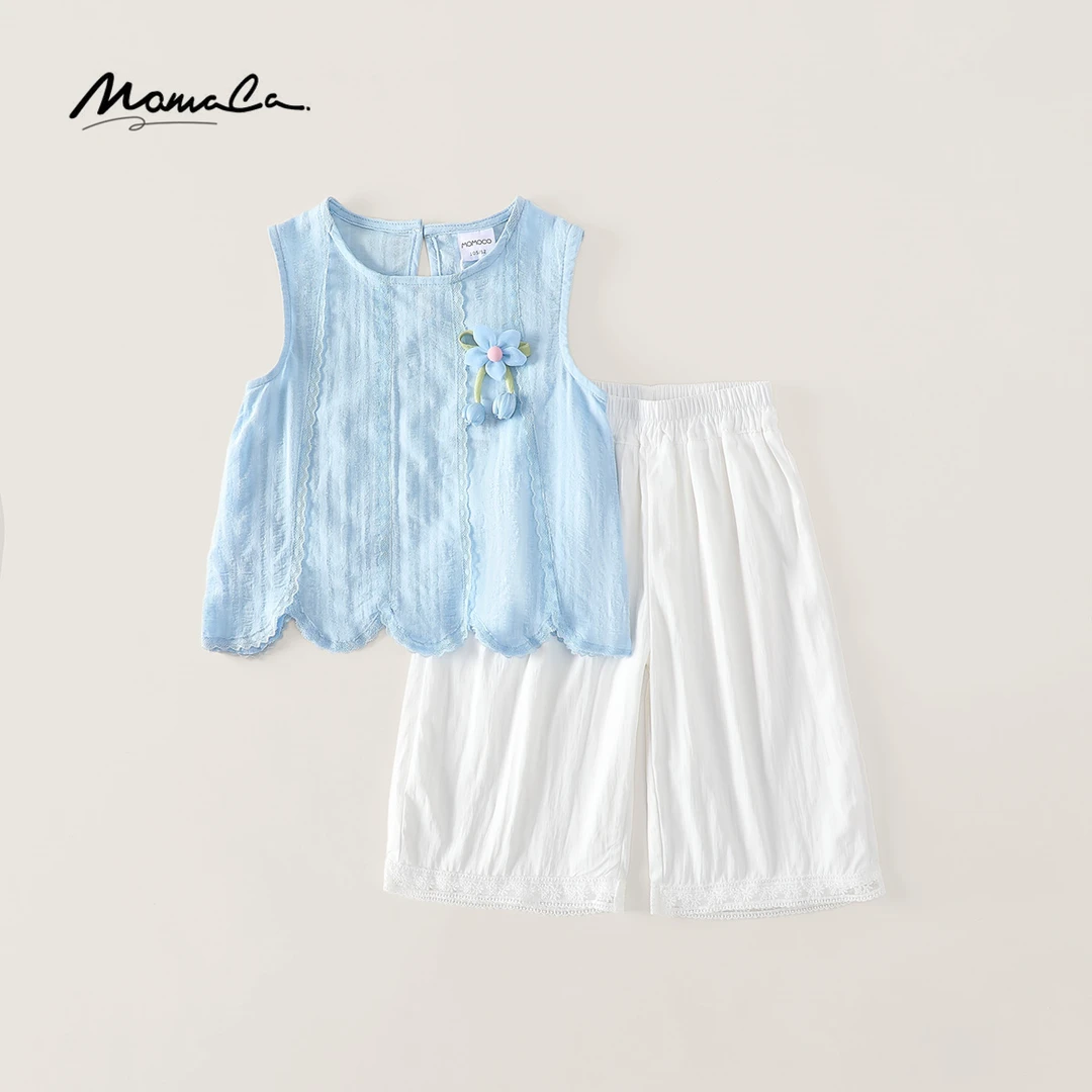 MOMOCO夏季女童时髦无袖背心立体花朵阔腿裤两件套77630233030