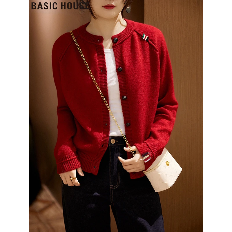 Basic House/百家好灰色圆领毛衣外套宽松长袖针织开衫女2025冬季