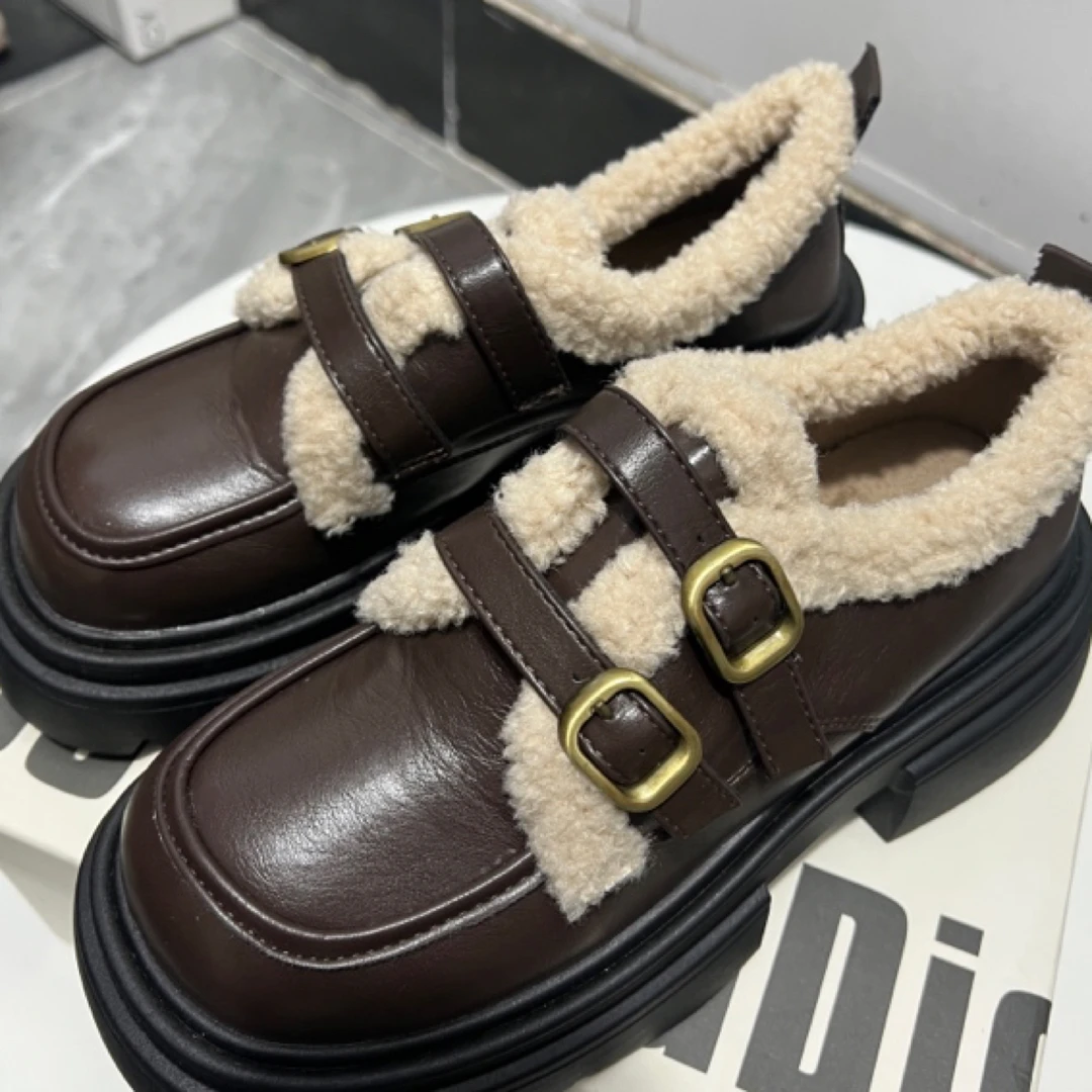 【9981】羔毛！柜柜女鞋平底厚底乐福鞋小皮鞋冬季加绒