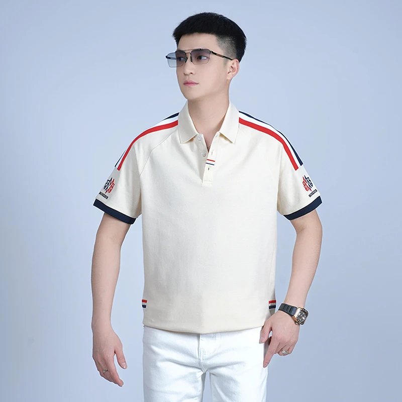 【莫斯吉尔】夏季轻奢潮流撞色织带POLO衫时尚字母刺绣休闲百搭短袖