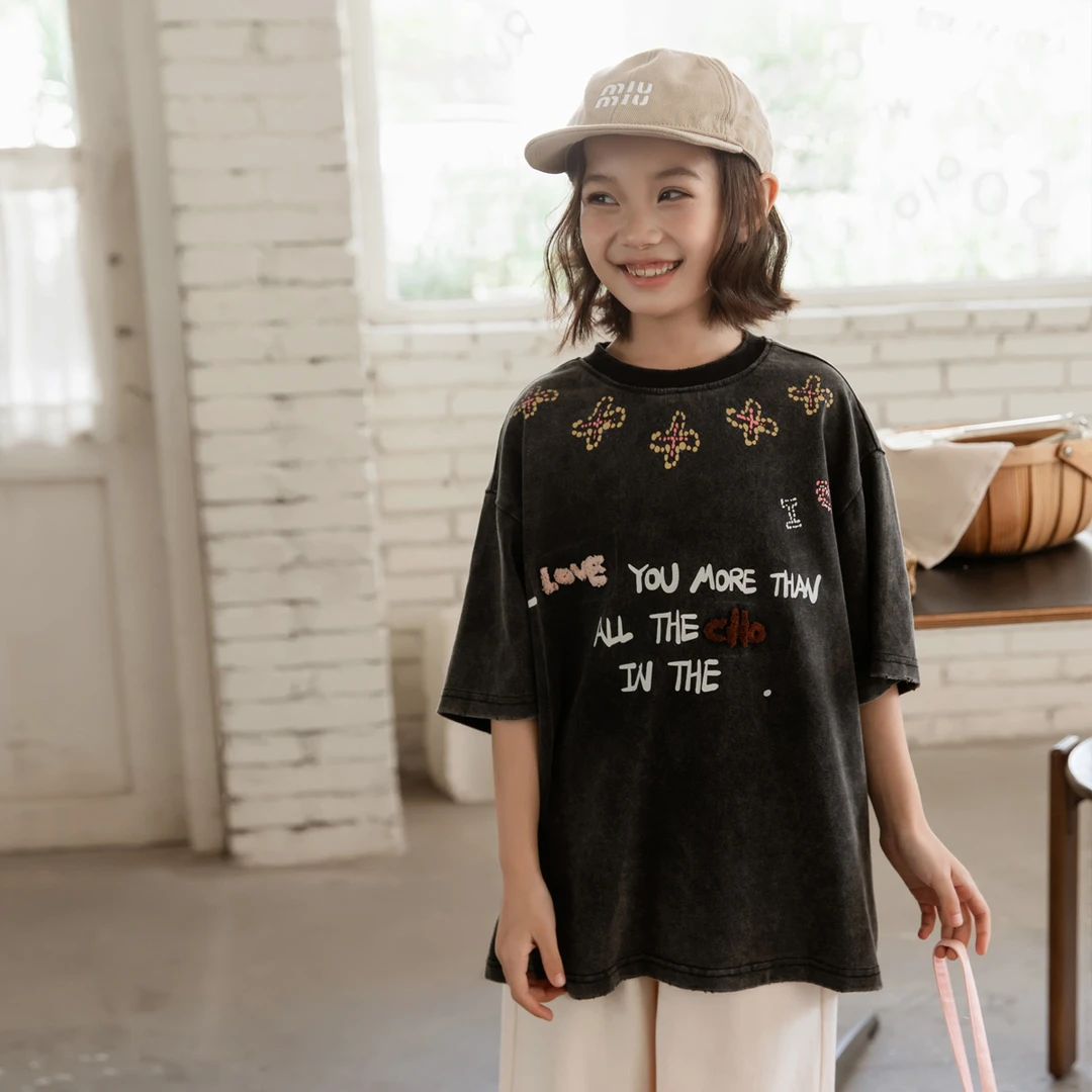 schwartz女童圆领字母宽松短袖t恤2025夏季新款百搭气质-1201