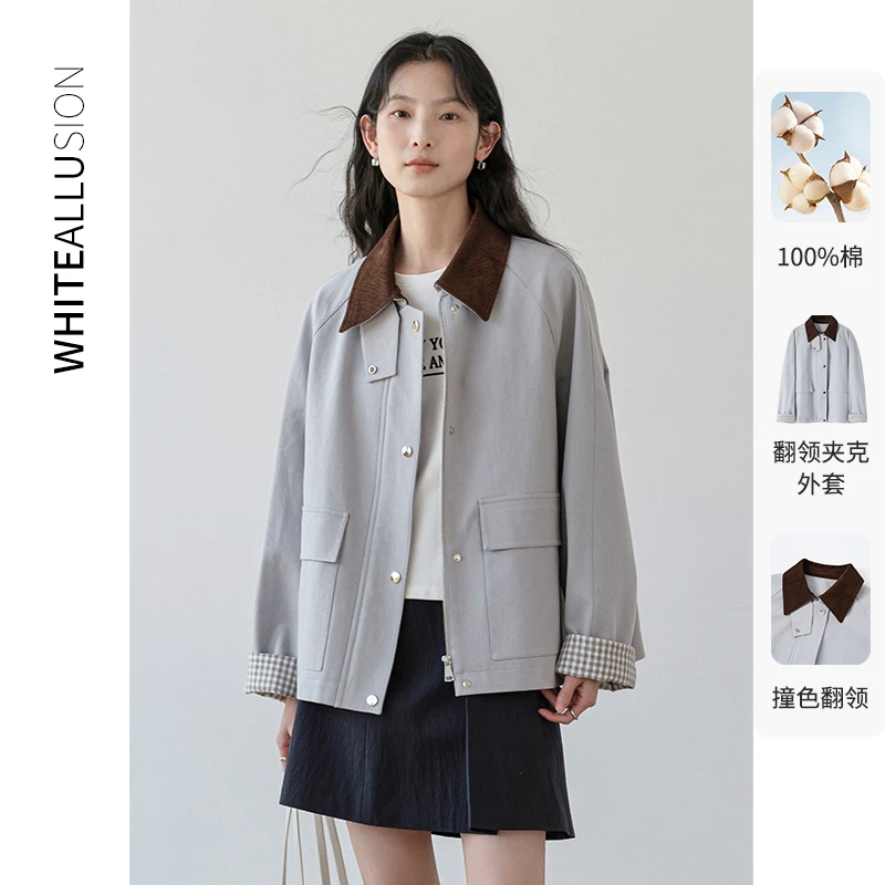 素典复古撞色翻领短外套女2025新款纯棉小个子工装风夹克上衣3566
