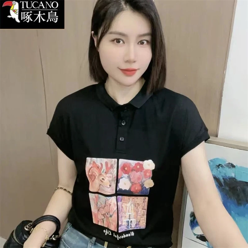 啄木鸟印花短袖T恤时尚POLO领女显瘦2025年夏季新款黑色运动上衣