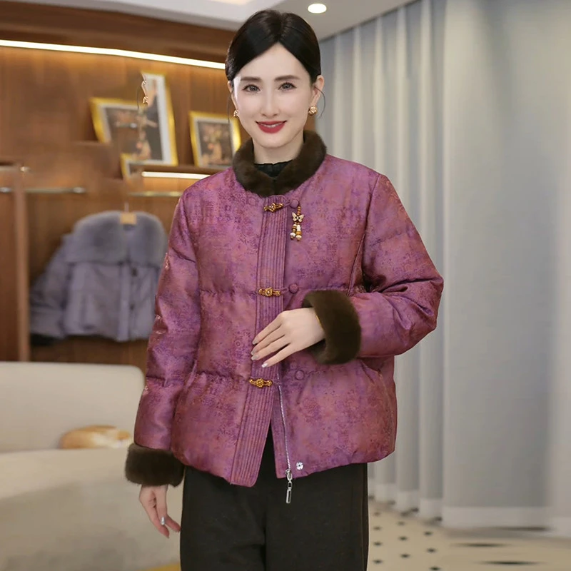 2025冬季新款新中式羽绒服女中老年妈妈装盘扣提花贵气保暖外套