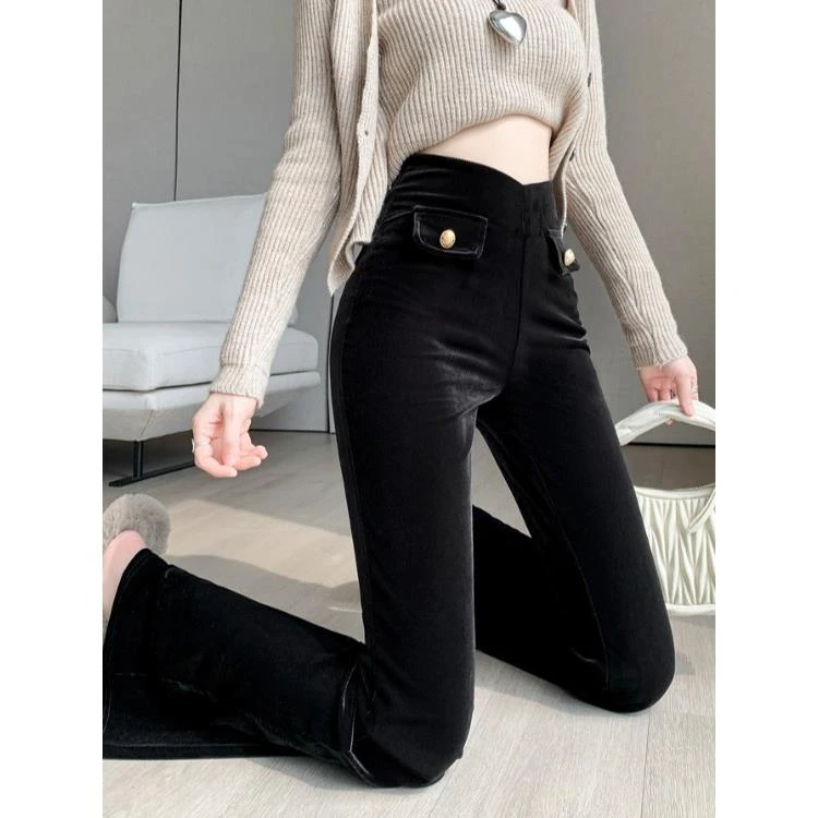 FAV MARTHA黑色加绒微喇裤女2025新款冬厚小个子高腰显瘦丝绒喇叭