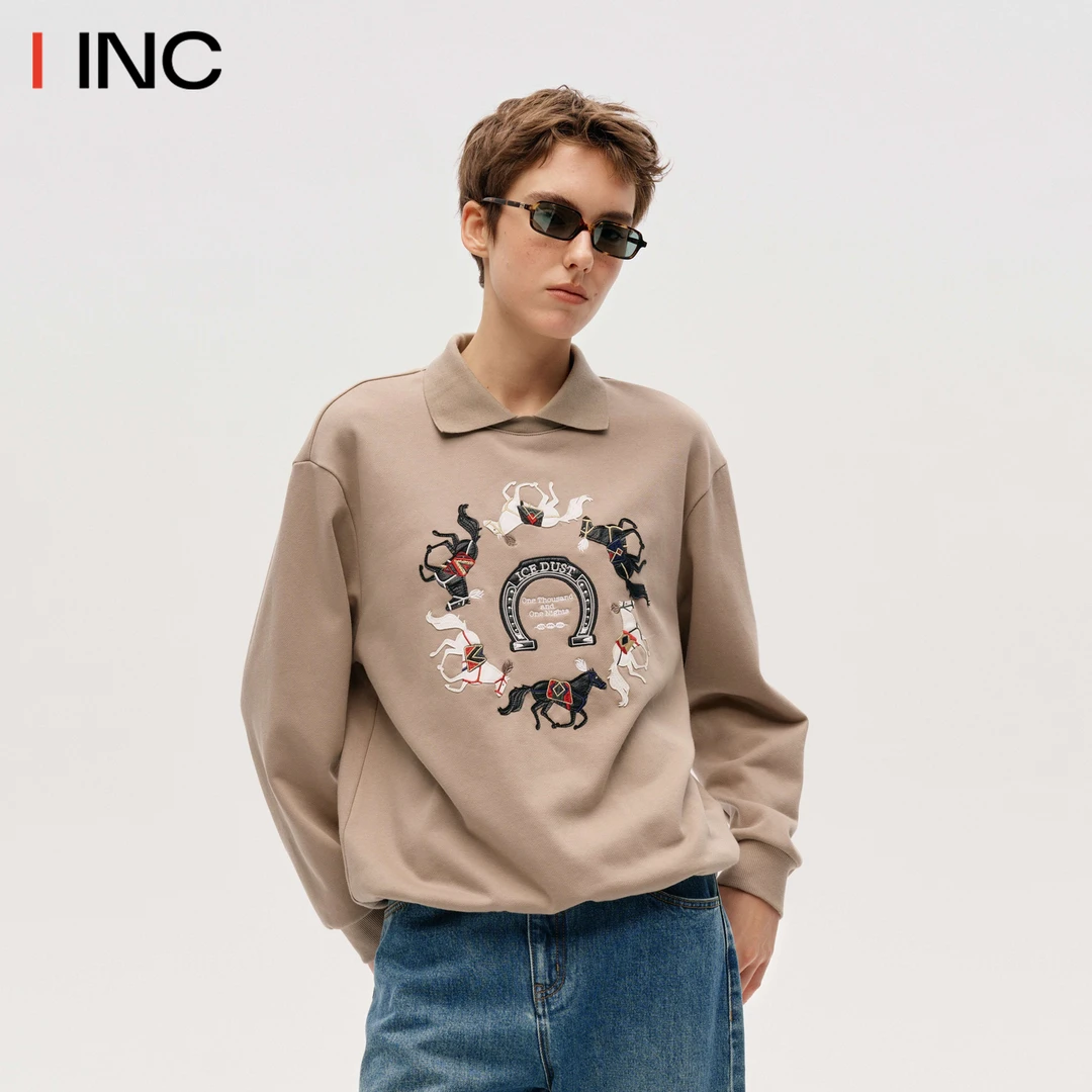 ICEDUST 小翻领圈圈马印花卫衣女25FW秋冬新款长袖百搭上衣IINC