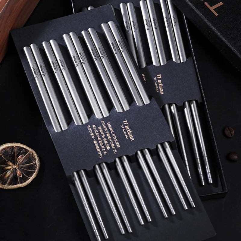 Tiartisan纯钛筷子户外钛方筷防霉防滑五双十双装高档家用钛餐具