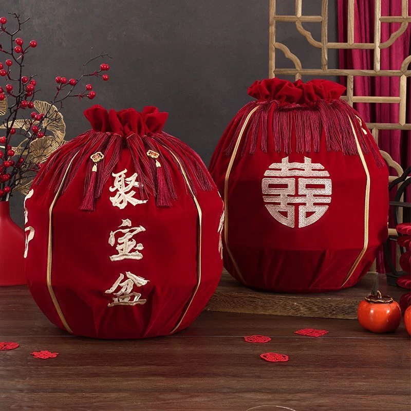 聚宝盆刺绣大号结婚包袱皮新娘陪嫁喜盆包裹布束口福袋婚庆用品