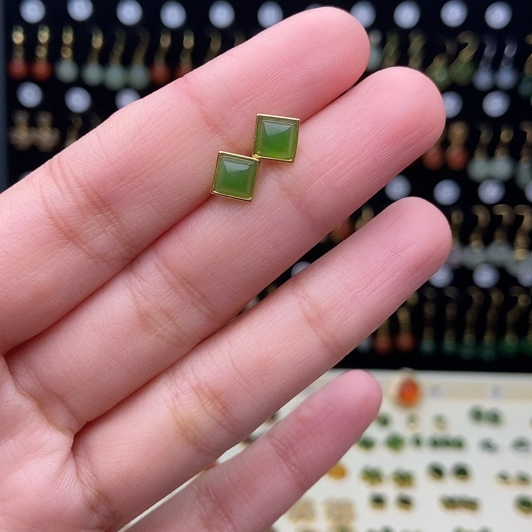 和田玉银S925镀金镶嵌耳饰