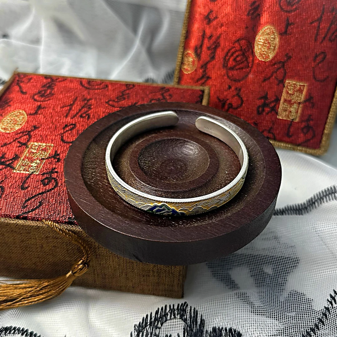 足银手镯 S199 千里江山开口手镯经典百搭手工时尚复古