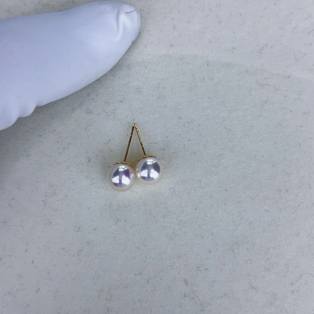 海水珍珠海水akoya天女耳钉7-7.5mm18K金镶嵌