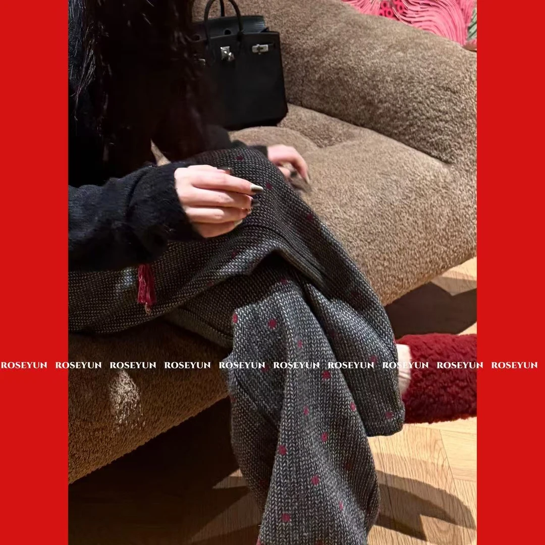 【Rose Yun】高比例羊毛混纺红色波点流苏抽绳直筒裤   JY125061