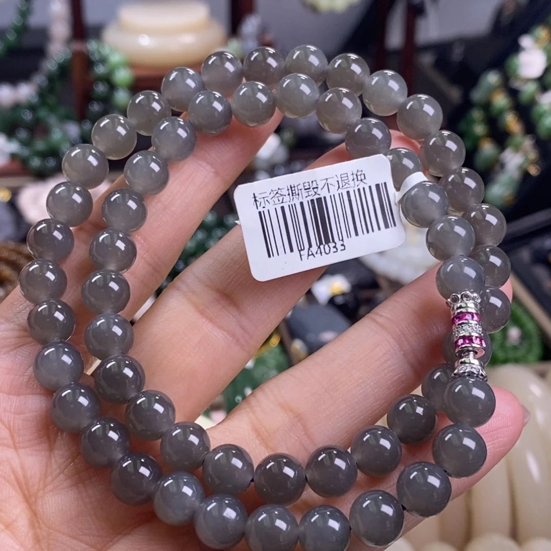 和田玉高冰烟紫项链约8m m未镶嵌