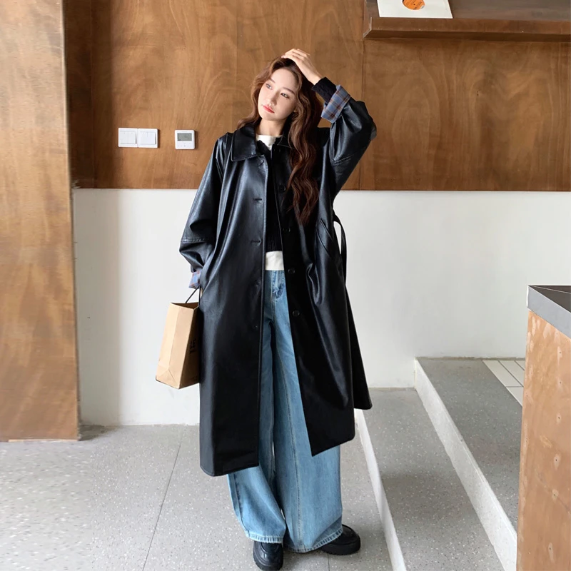 复古英伦风长款皮衣外套2025春秋新款酷飒拽姐机车风百搭黑色大衣