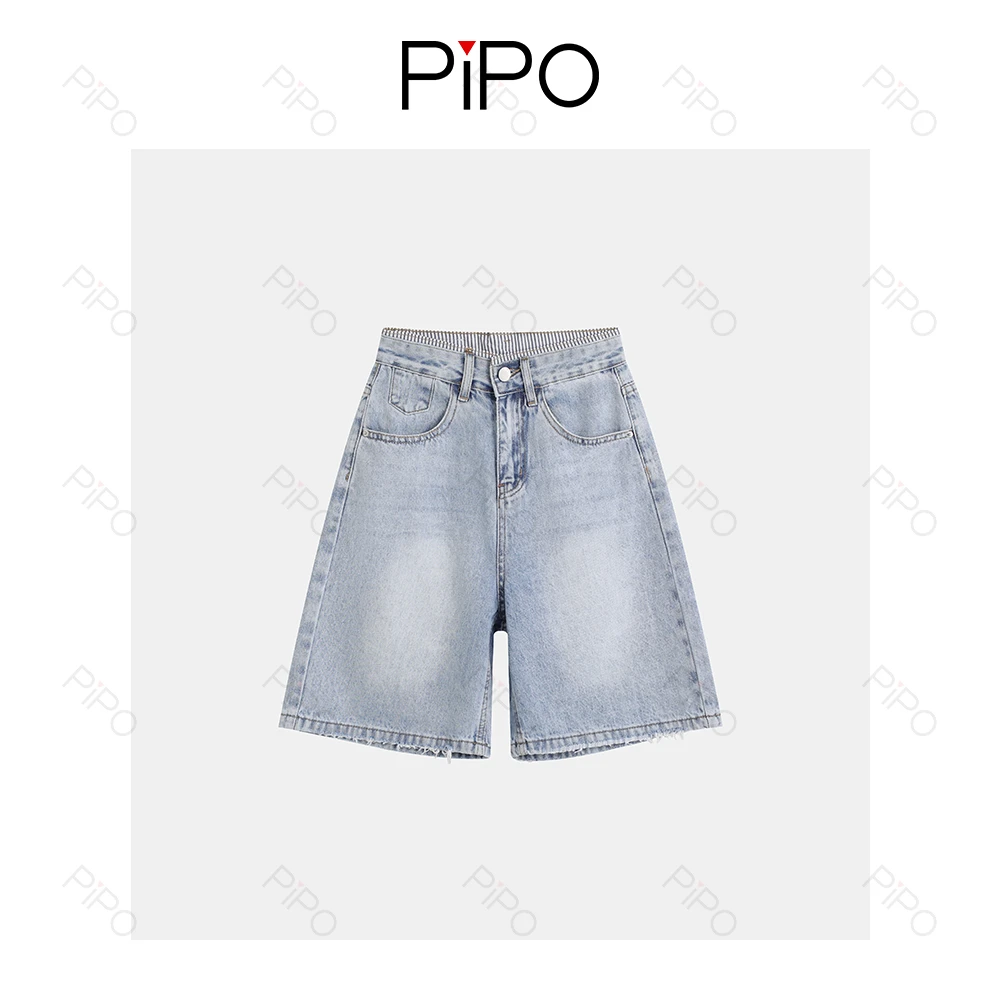 PIPO法式风格高腰浅色牛仔中裤女夏季宽松直筒休闲五分裤DD52V435